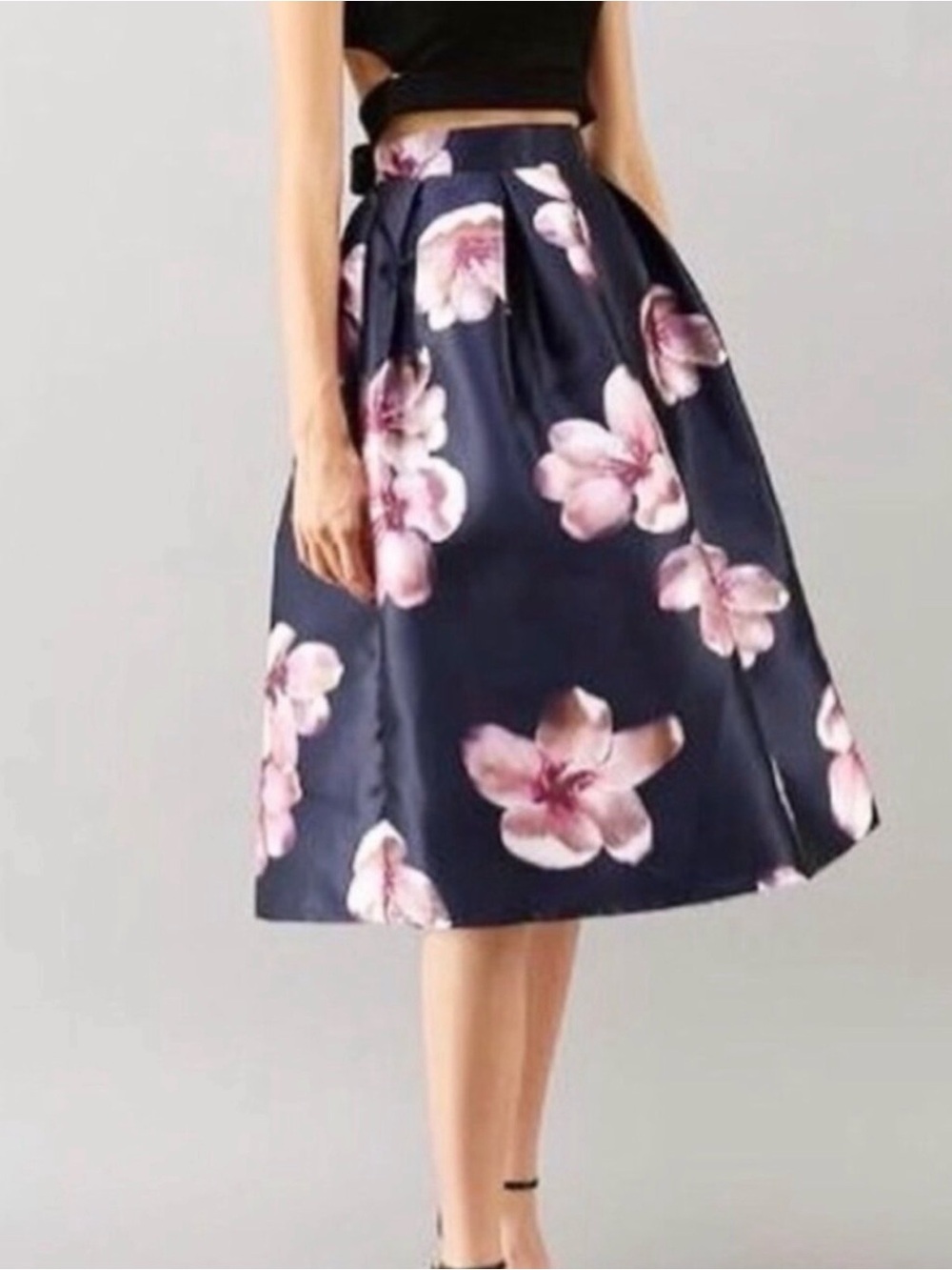 NWT ChicWish Floral Midi Skirt - Navy with Pink Blossoms Size Large